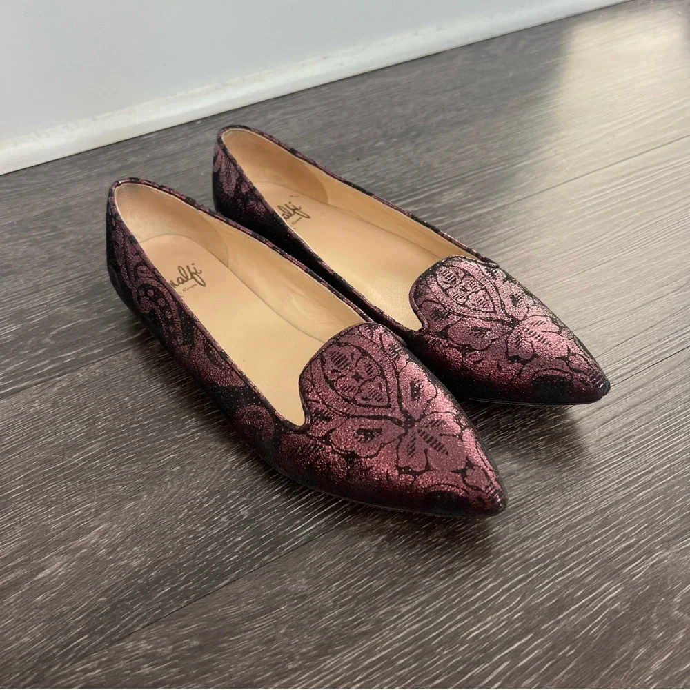 Amalfi by Rangoni Pointed-Toe Dress Loafers with Metallic Burgundy Made in Italy